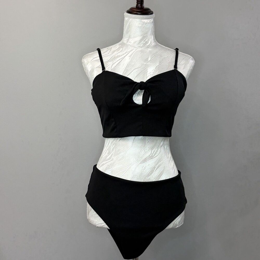 Black Ribbed Bikini Set Womens XL 12 14 High Waisted Tie Front Two Piece Suit